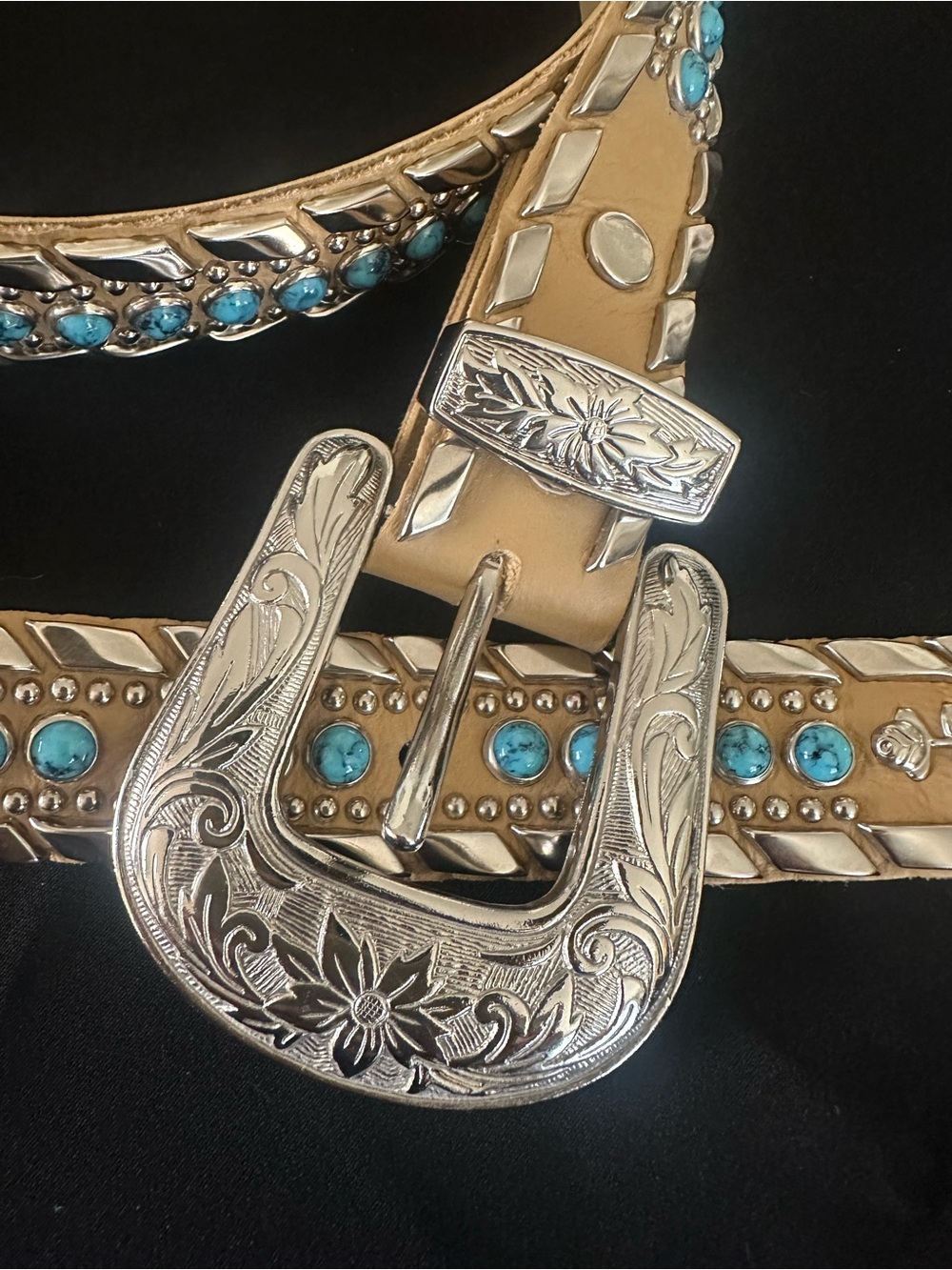 Kippys Tan Belt with Turquoise Stones and Engraved Silver Buckle